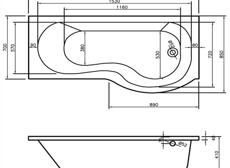 California 'P' Shaped Shower Bath, Screen, Front & End Panel (Standard & Superspec) - 1500 & 1700mm