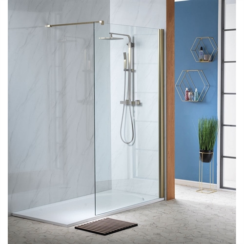 Genesis 8mm Clear Glass/Brushed Brass Frame Shower Wall with Easy-Clean Glass