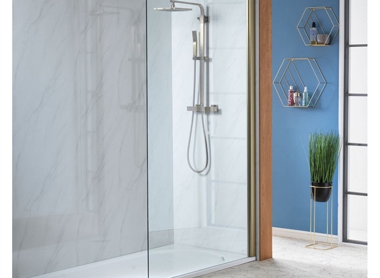 Genesis 8mm Clear Glass/Brushed Brass Frame Shower Wall with Easy-Clean Glass