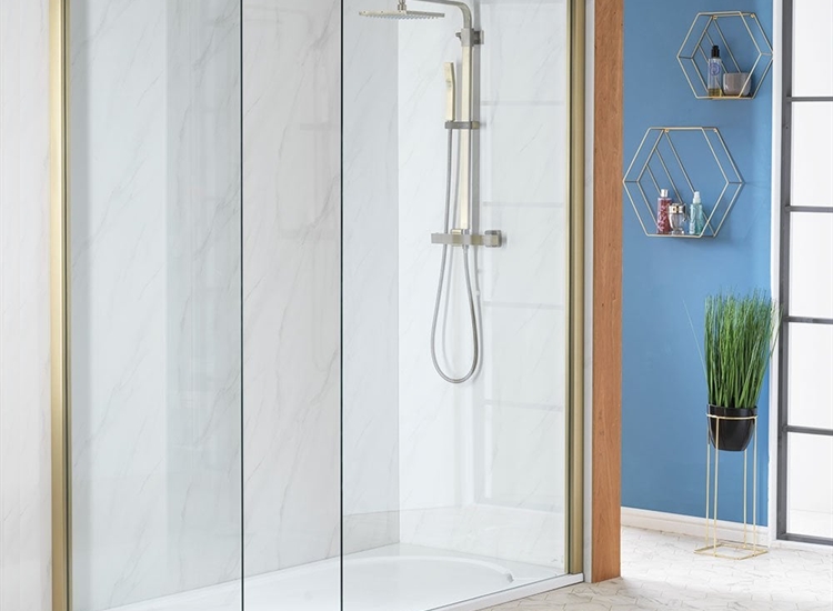 Genesis 8mm Clear Glass/Brushed Brass Frame Shower Wall with Easy-Clean Glass