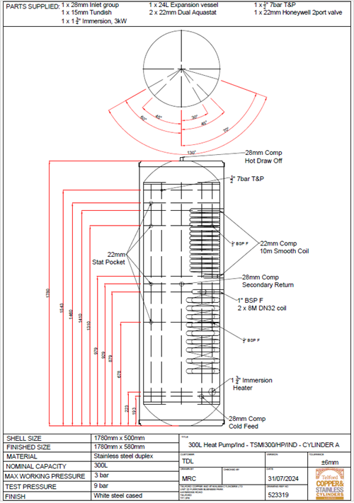 Telford 300l twin coil cylinder Heat pump and boiler coils F.A.O MARTIN B